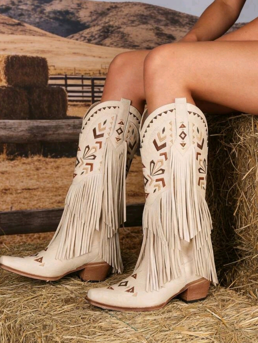 Women's Cowboy Boots White Pointed Toe Chunky Heel Cowboy Boots - Picture 7 of 7